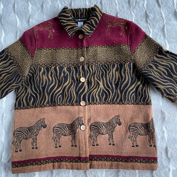 🔥Vintage 90s Sag Harbor Safari Zebra Cheetah Artsy Tapestry Button Jacket Sz 16 - Picture 2 of 12